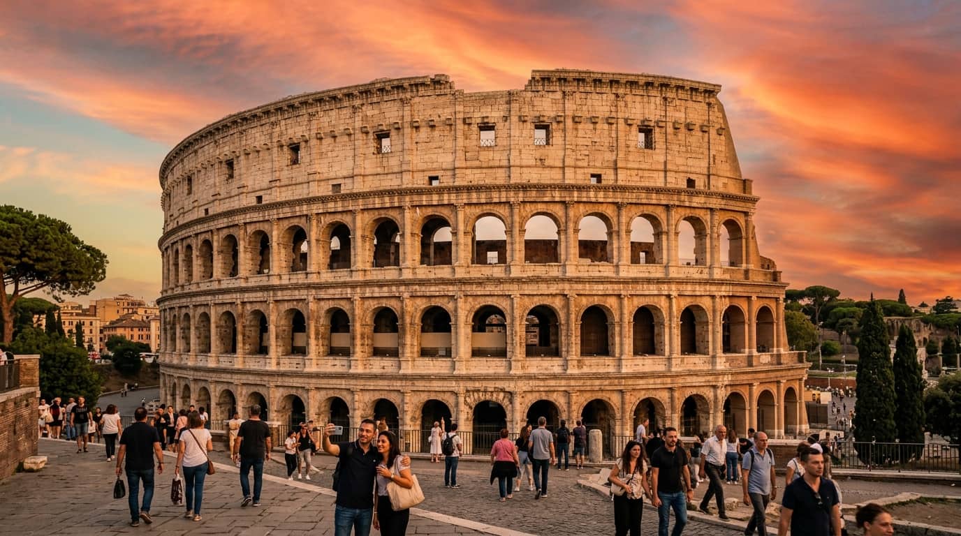 The Roman Colosseum at golden hour in Rome, Italy