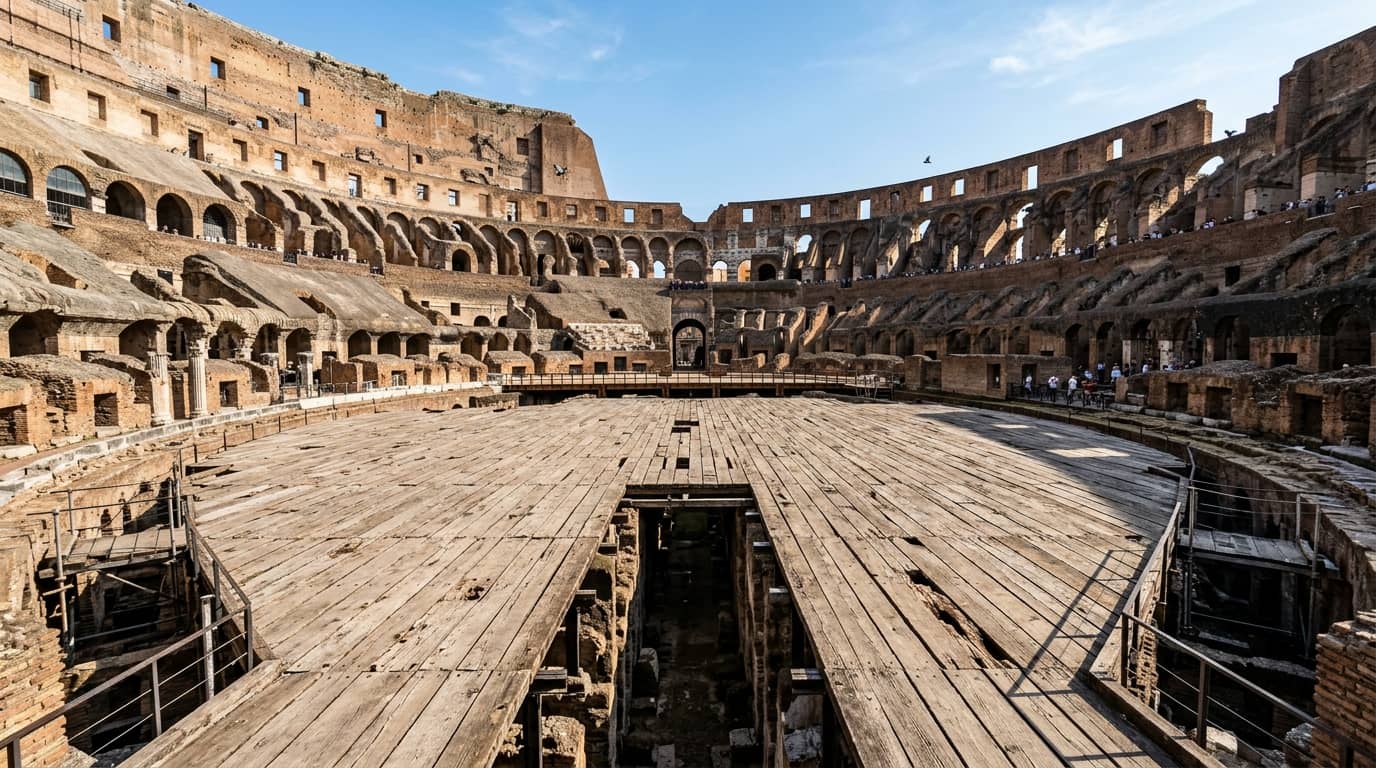 The reconstructed Colosseum arena floor where visitors can walk