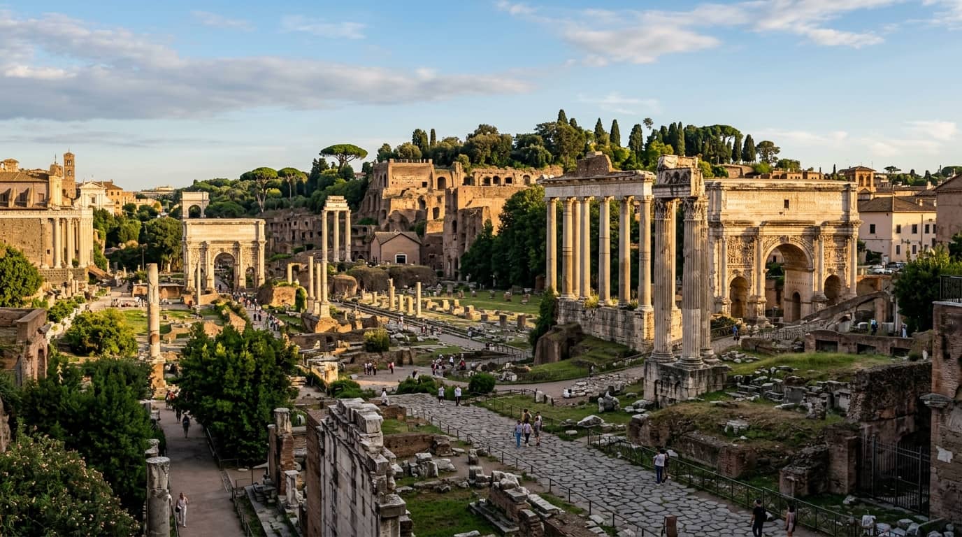 The ancient ruins of the Roman Forum with temple columns and the Colosseum in background
