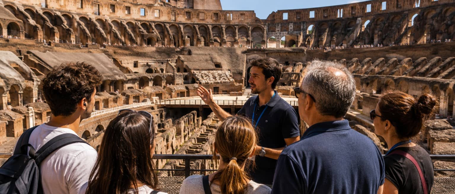Colosseum guided tour in Rome with a professional guide explaining the ancient amphitheatre to a group of visitors.