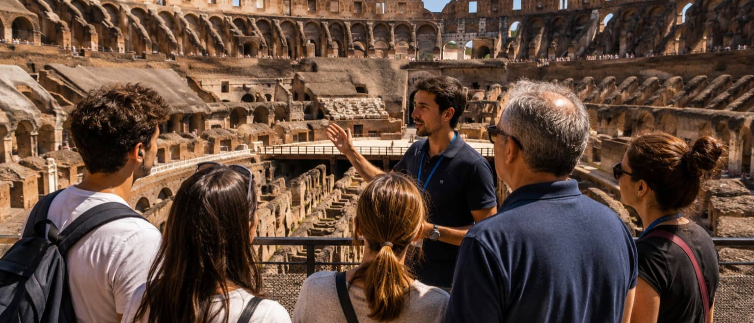 Colosseum guided tour in Rome with a professional guide explaining the ancient amphitheatre to a group of visitors.
