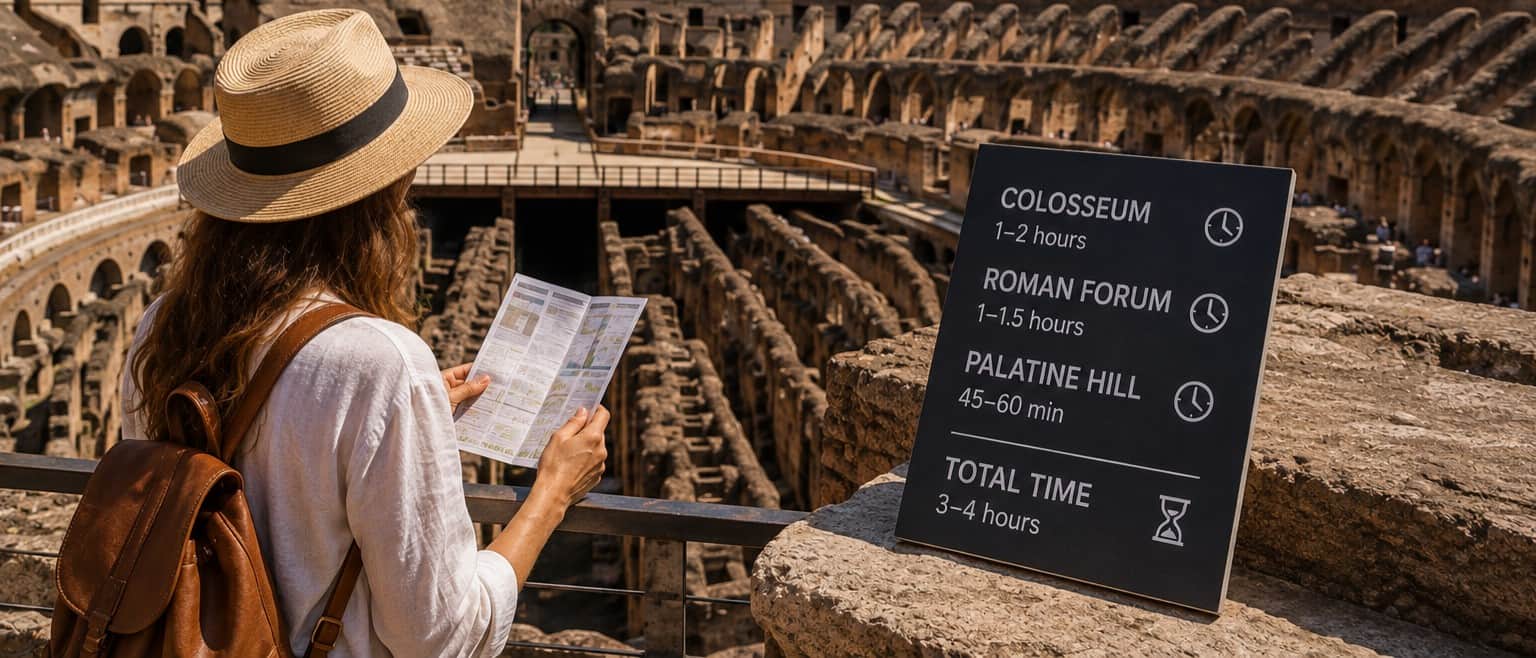 Interior of the Colosseum in Rome showing the ancient amphitheatre and underground ruins during a visitor tour.