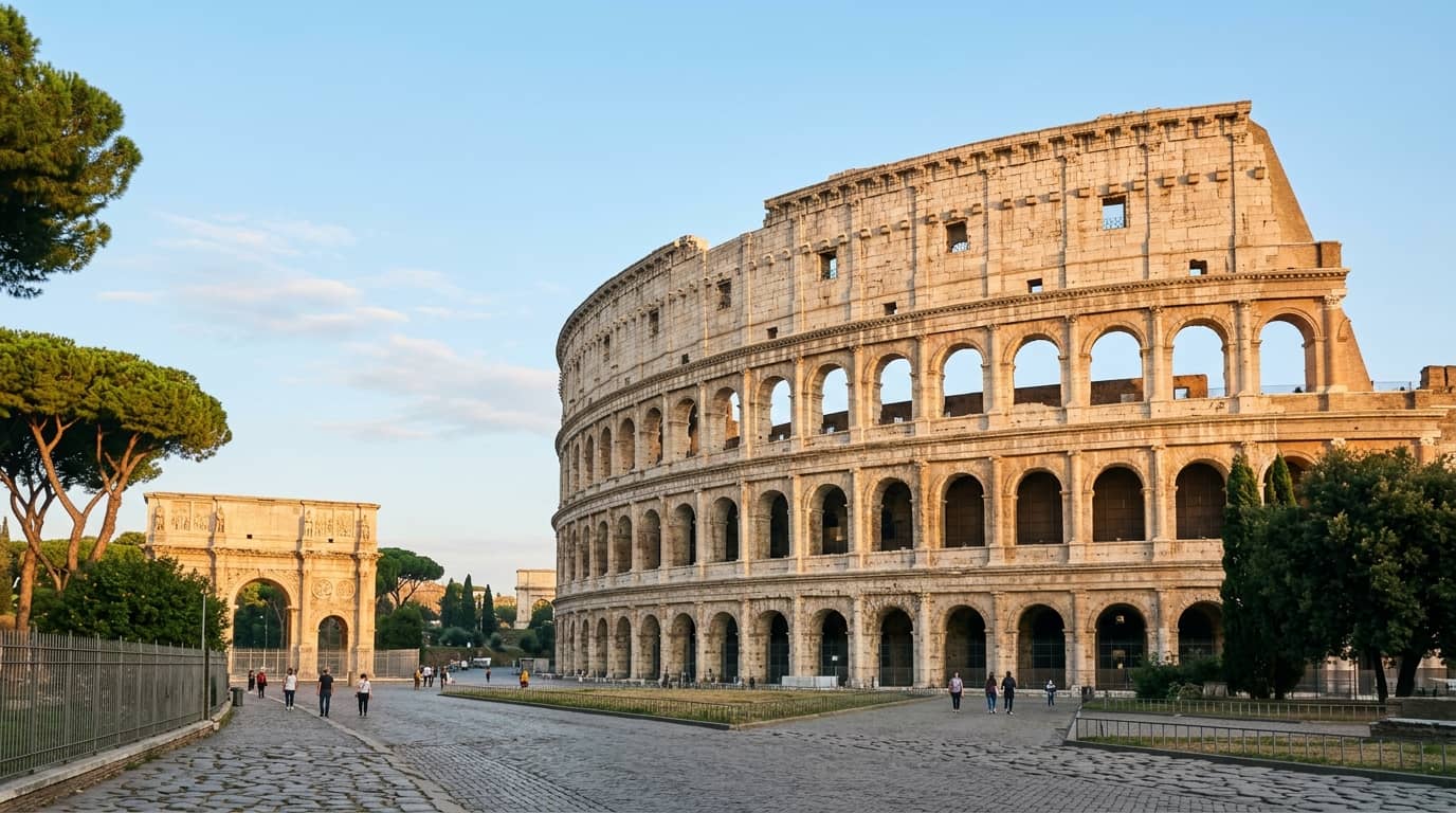 The Colosseum in Rome illuminated under golden morning sunlight with Arch of Constantine in foreground